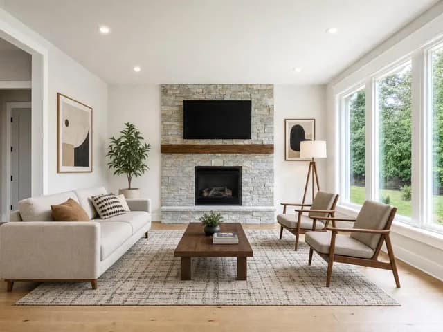 A living room furnished with a sofa, armchairs and a coffee table